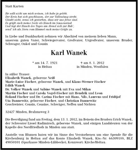 Wanek Karl 1921-2012 Todesanzeige